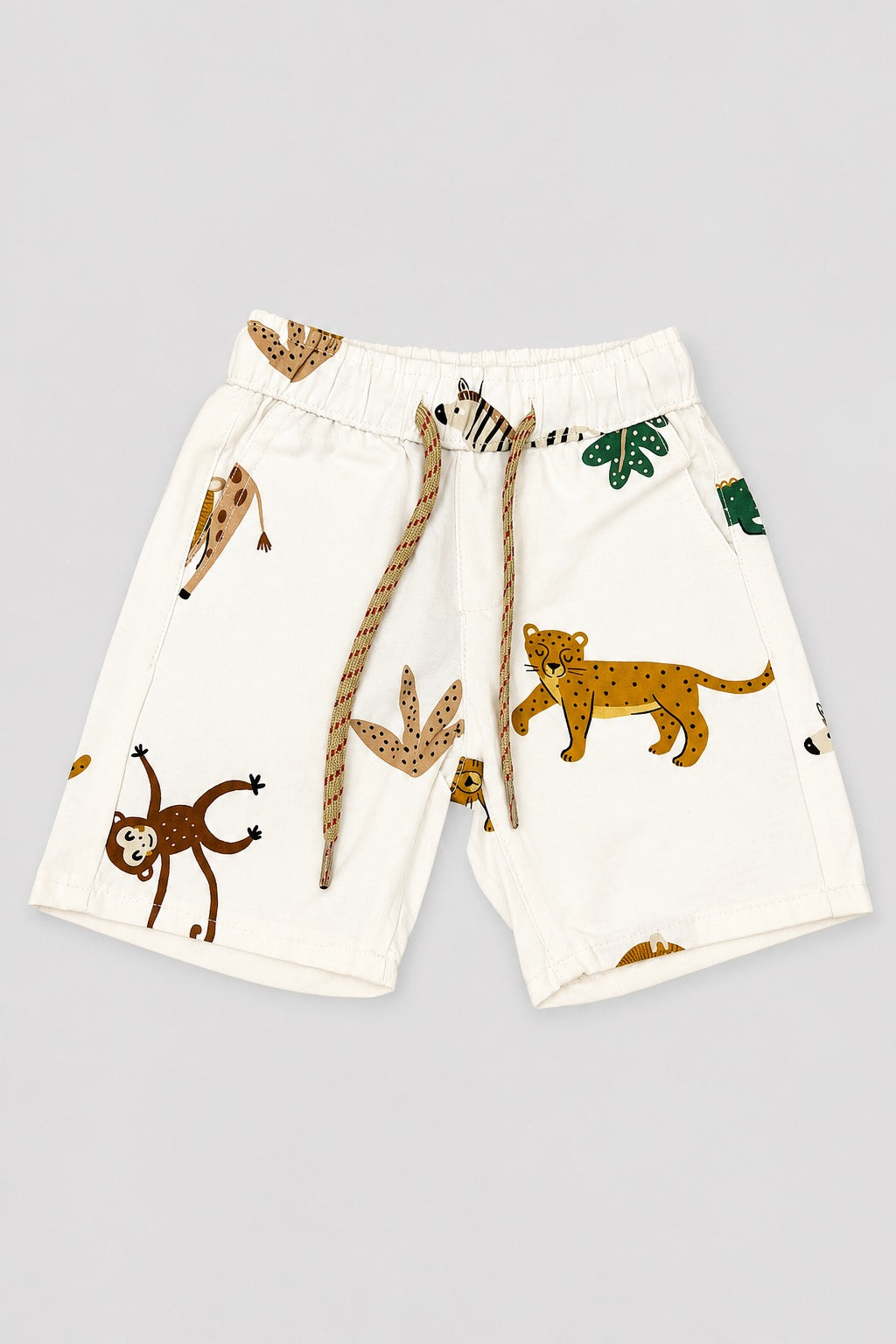 Cream Animals Print Cotton Fabric Shorts For Boys
