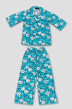 Blue Flowers Print Cotton Suit For Girls