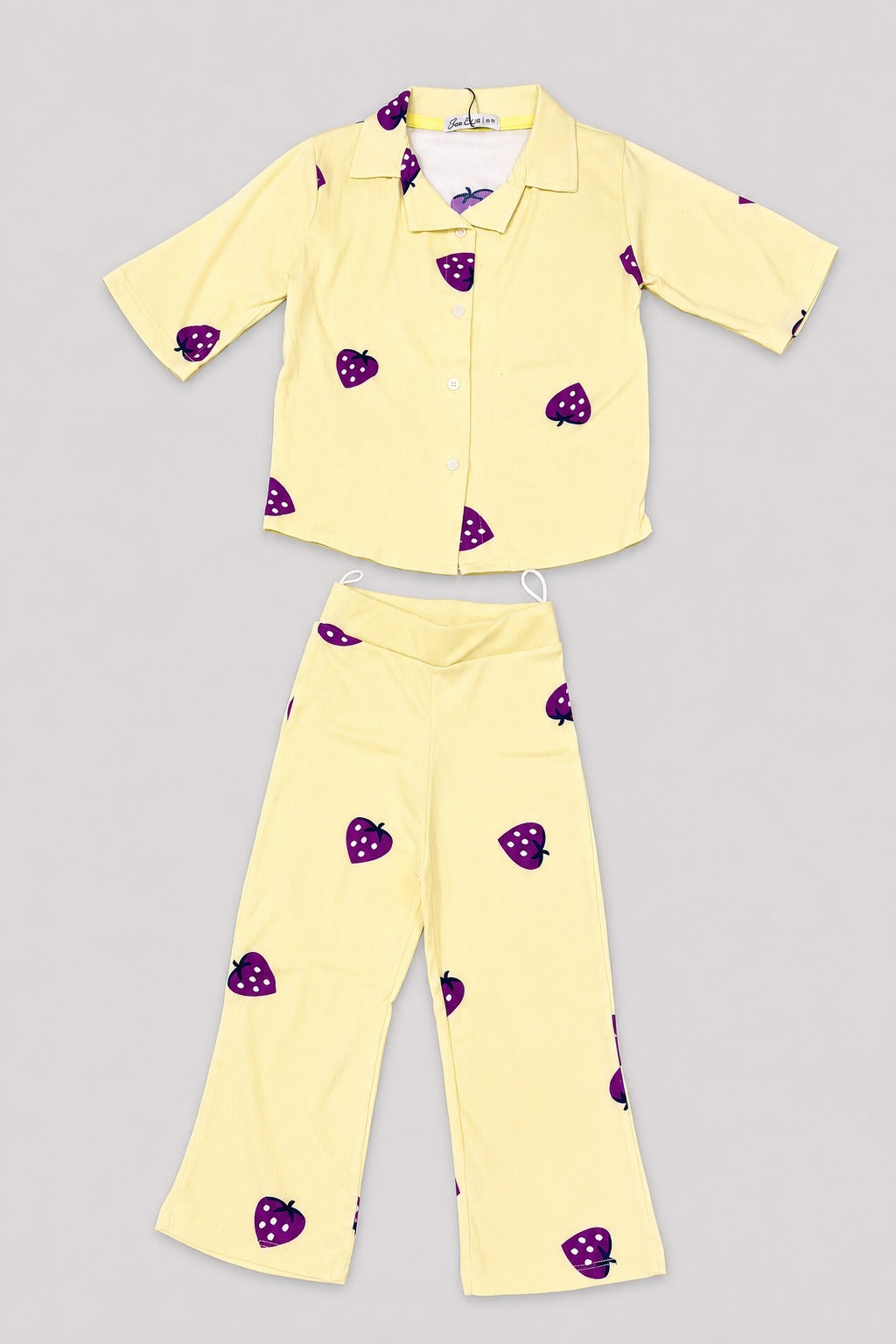 Yellow With Purple Starwberry Print Co-ord Fabric Suit For Girls Secondary image