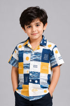 White & Mustard Hello Summer Print Casual Shirt For Boys