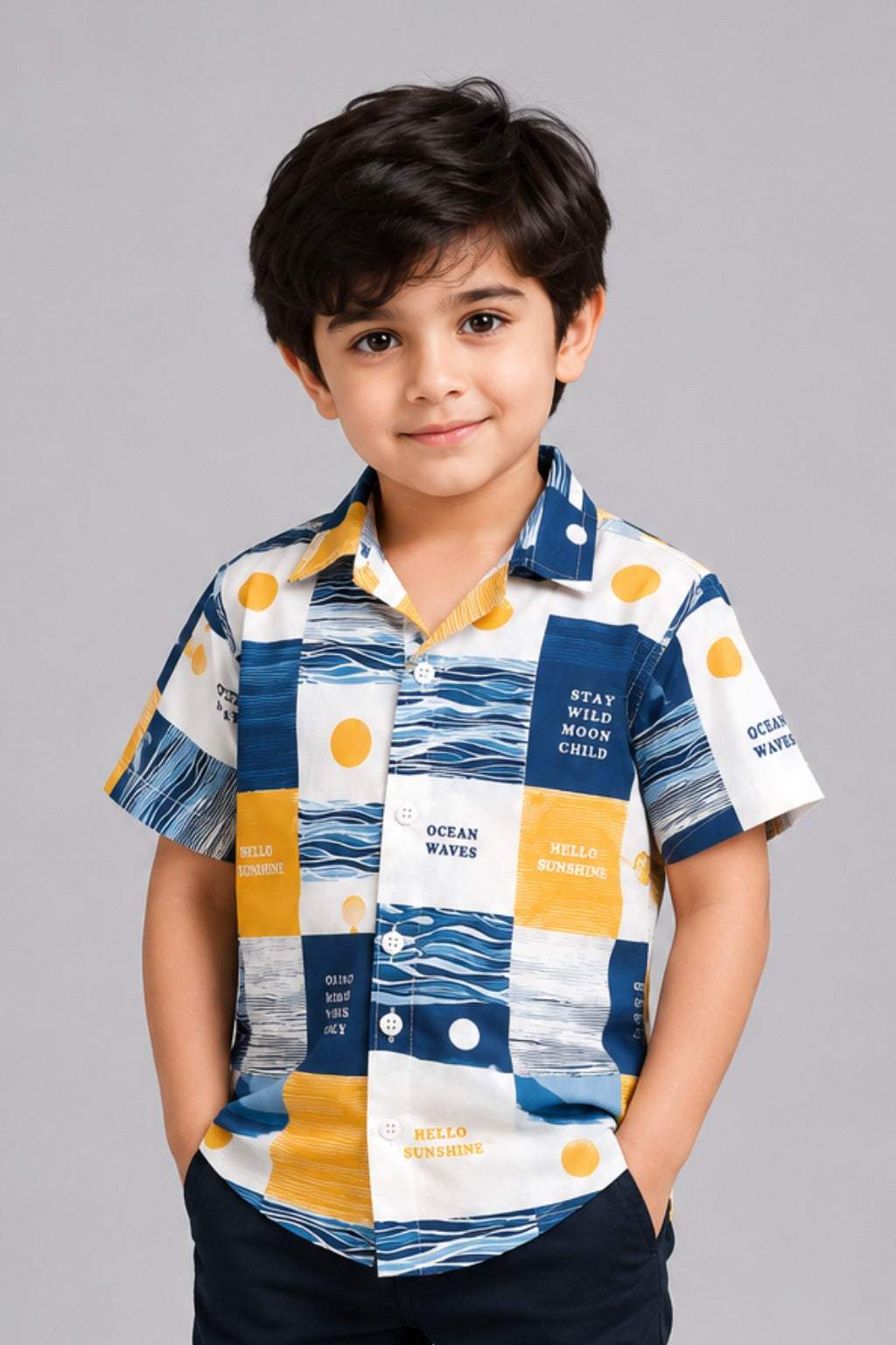 White & Mustard Hello Summer Print Casual Shirt For Boys