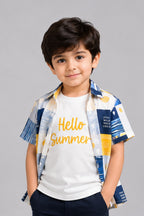 White & Mustard Hello Summer Print Casual Shirt For Boys