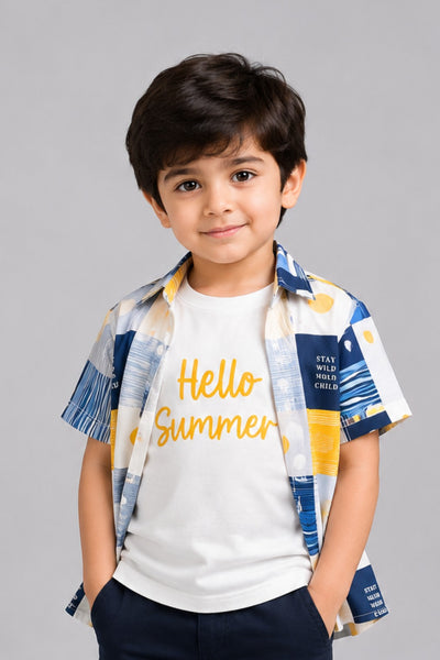 White & Mustard Hello Summer Print Casual Shirt For Boys