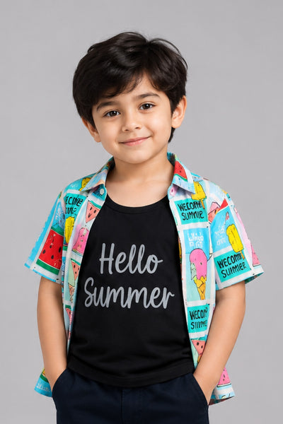 Multi Color Hello Summer Print Casual Shirt For Boys