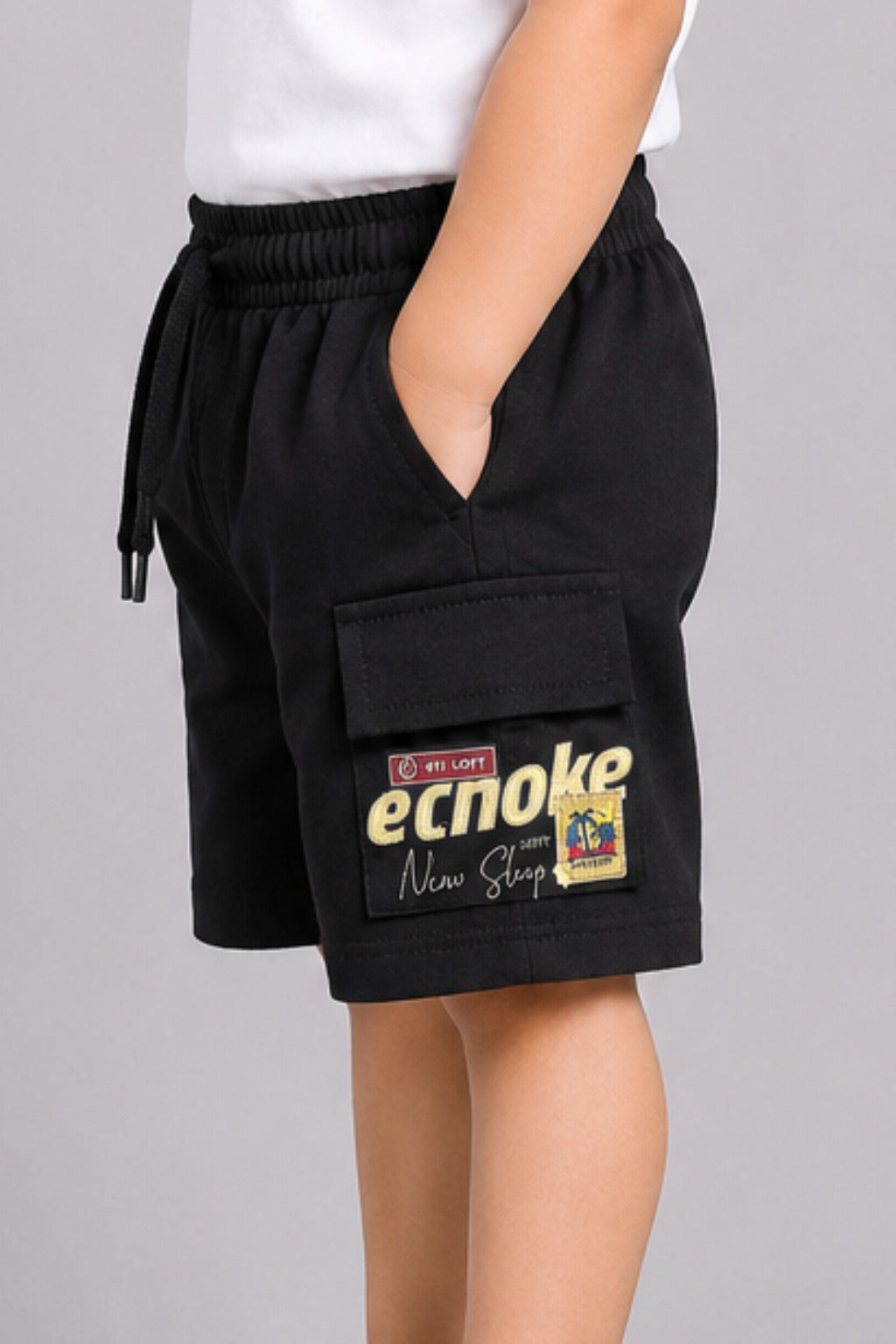 Black Double Pocket Print Jersy Fabric Shorts