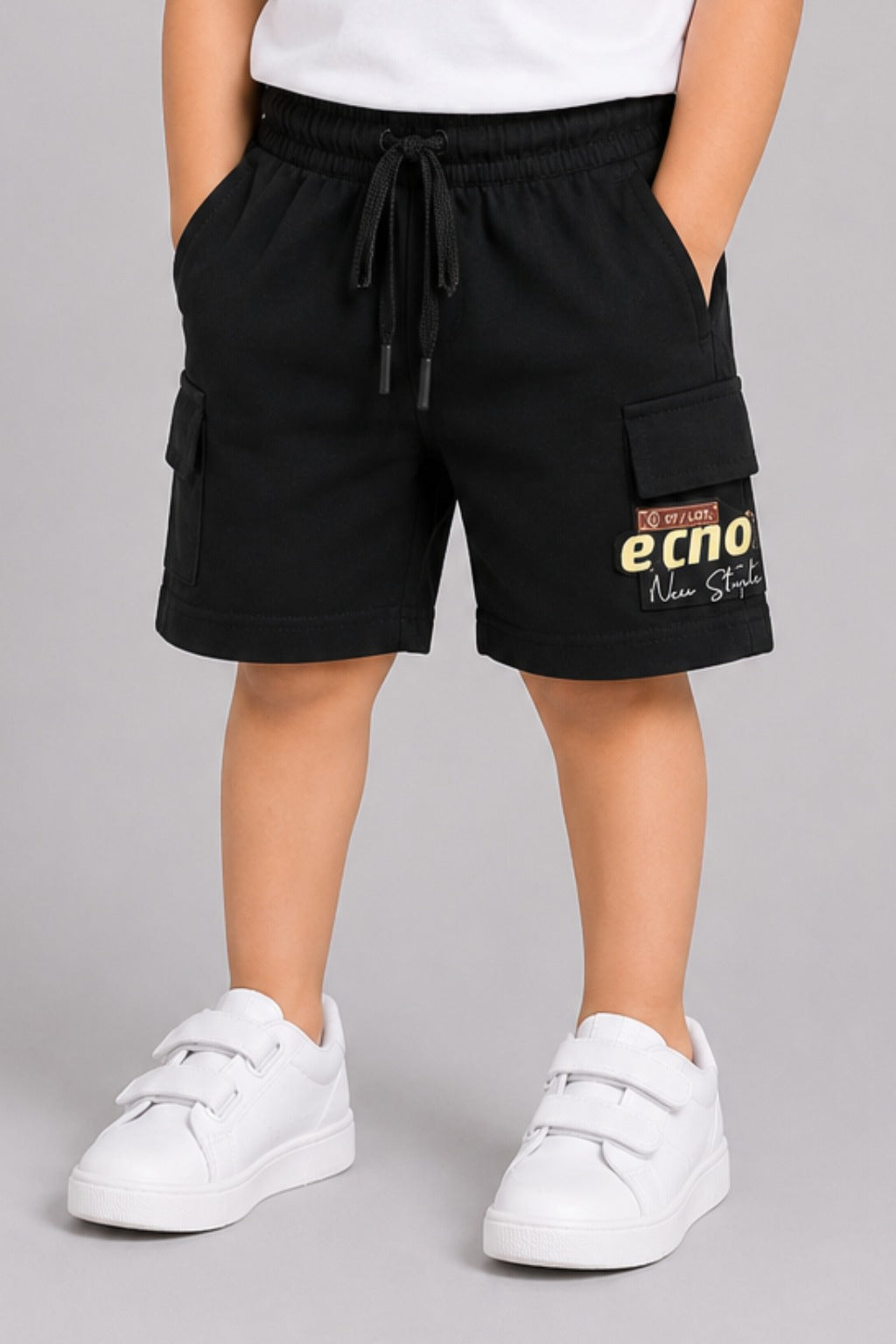 Black Double Pocket Print Jersy Fabric Shorts