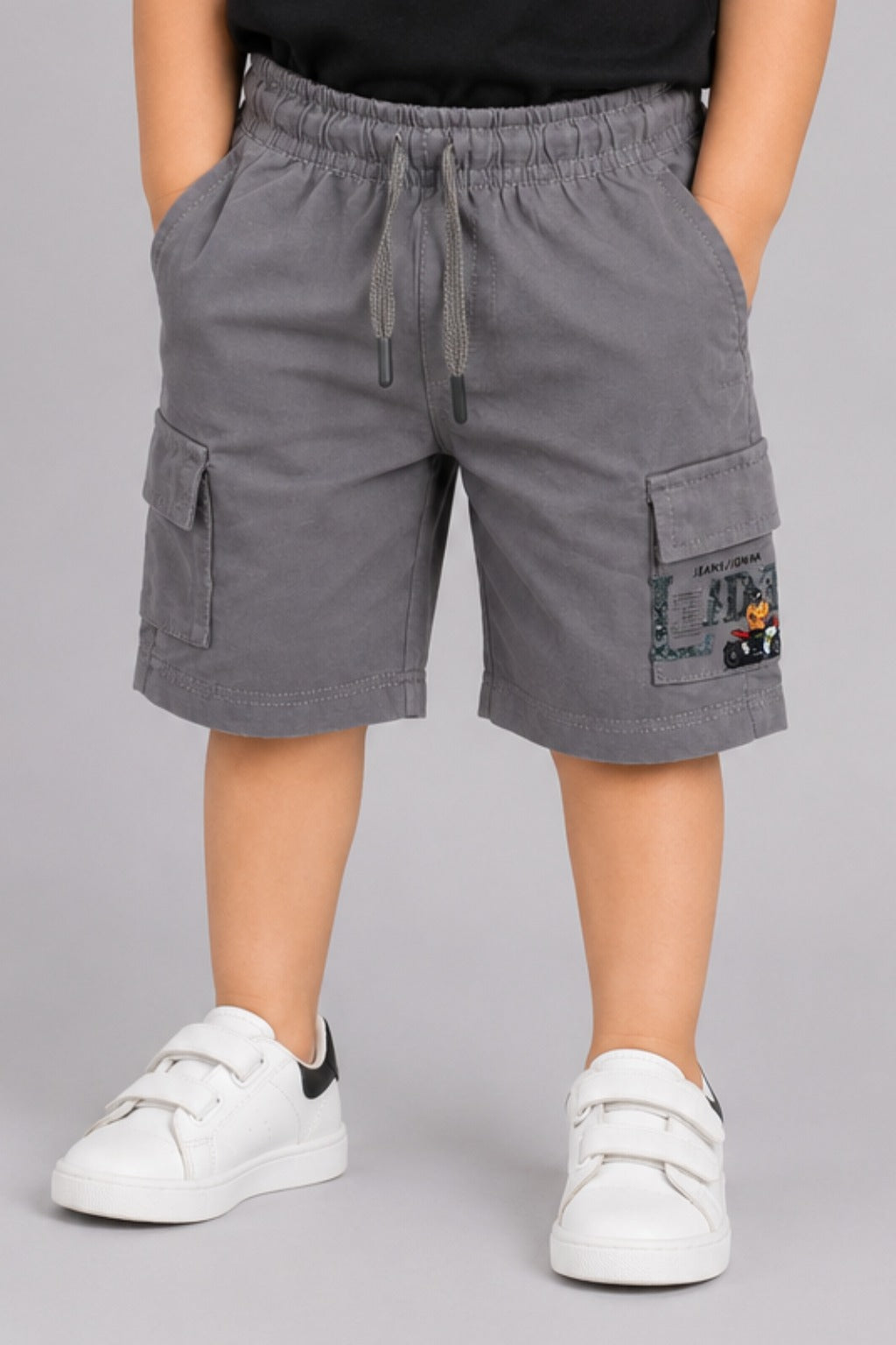 Grey Double Pocket Print Jersy Fabric Shorts