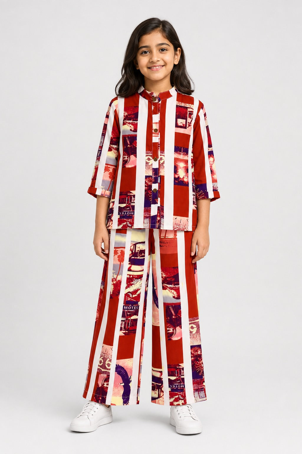 Red & White Print Co-Ord Linen Fabric Suit