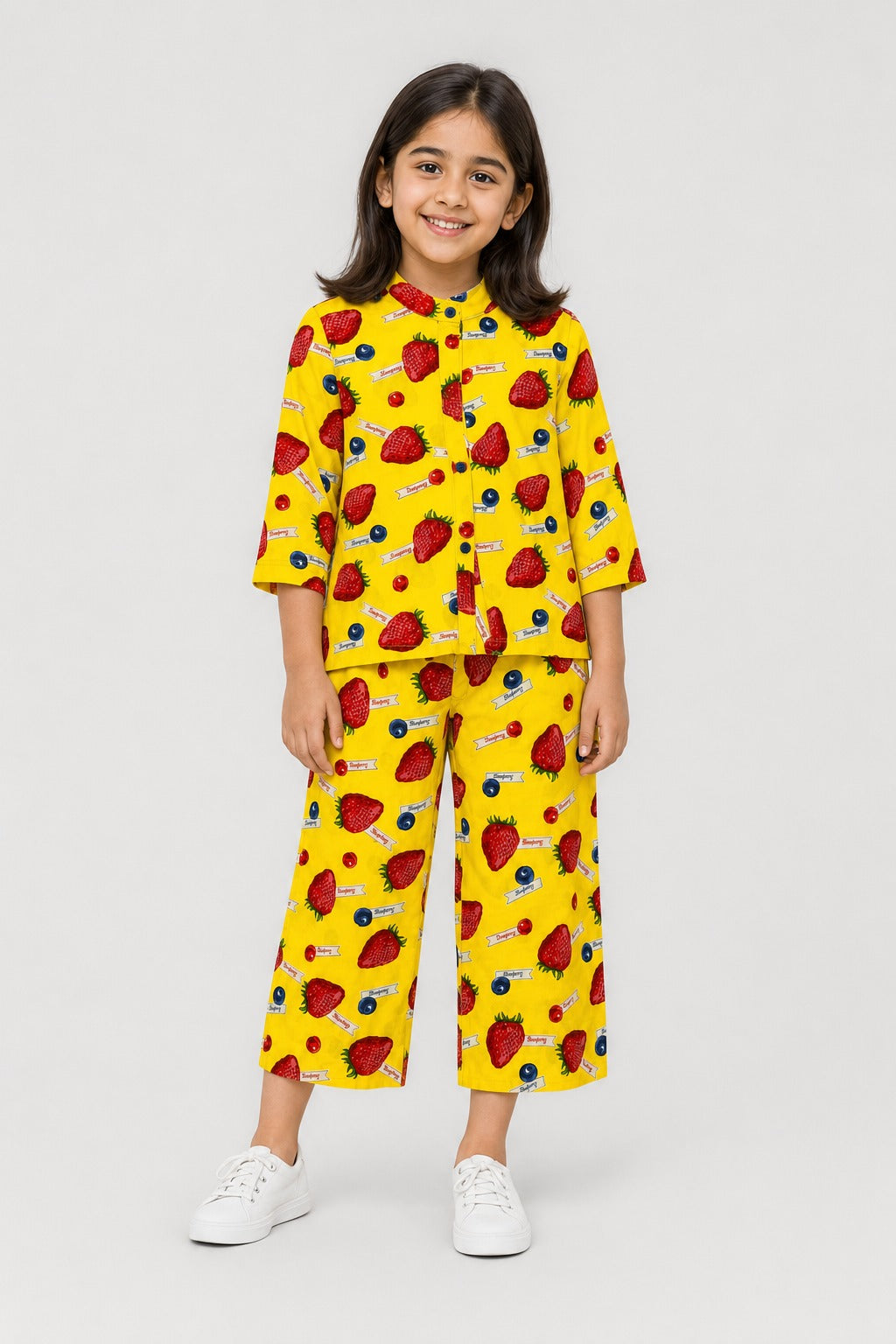 Yellow Strawberry Print Co-Ord Linen Fabric Suit