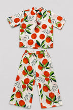 White Orange Leaf Print Co-Ord Linen Fabric Suit