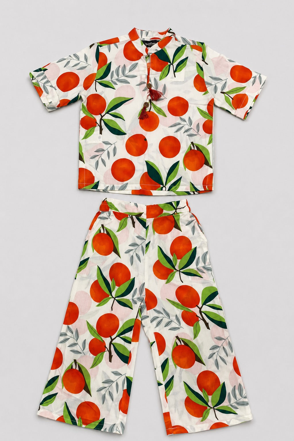 White Orange Leaf Print Co-Ord Linen Fabric Suit