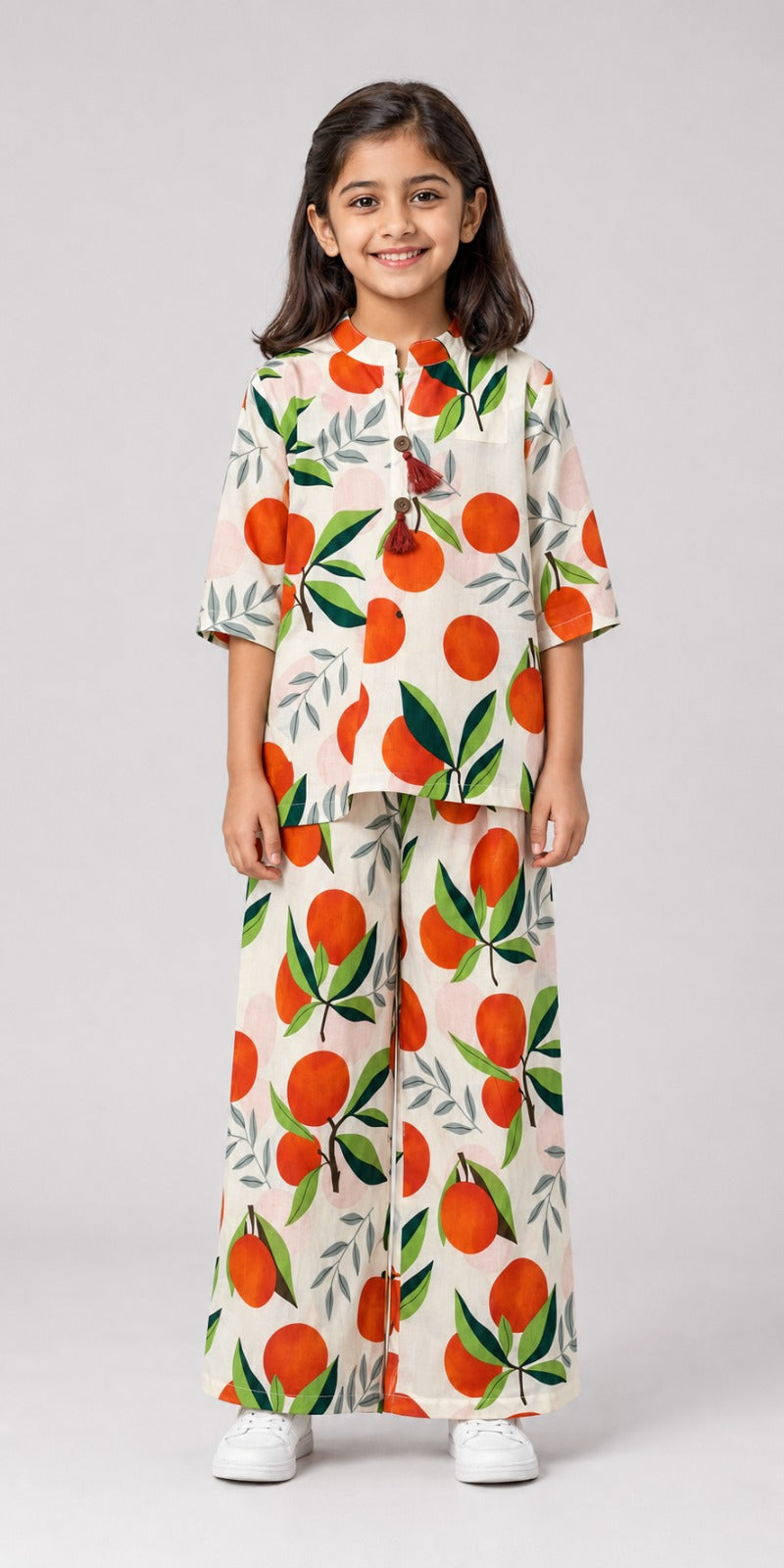 White Orange Leaf Print Co-Ord Linen Fabric Suit