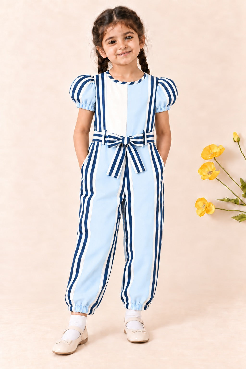 White & Blue Cotton Jump Suit