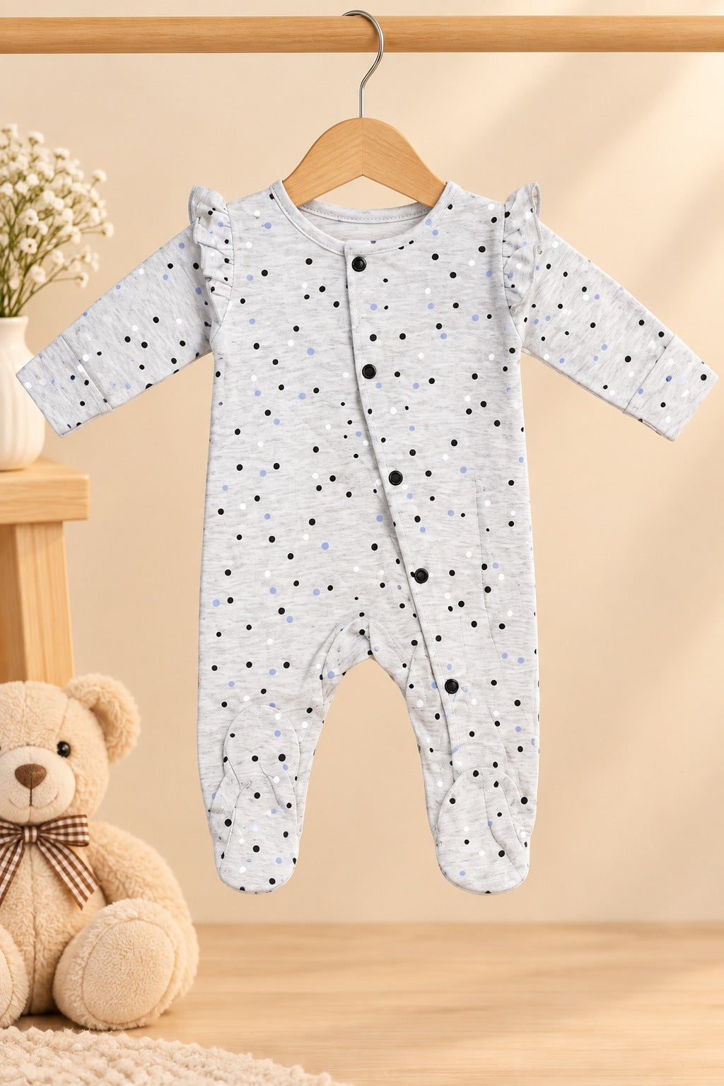 Grey Polka Dots Ridge Knit Fabric Romper