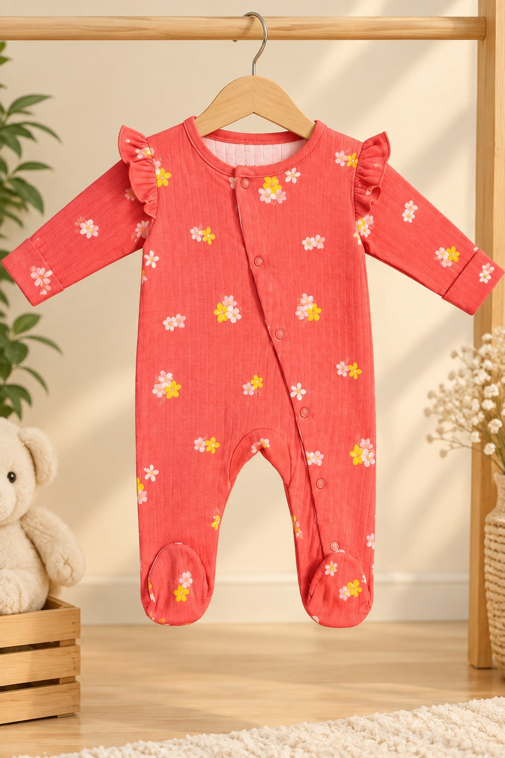 Pink Flowers Ridge Knit Fabric Romper