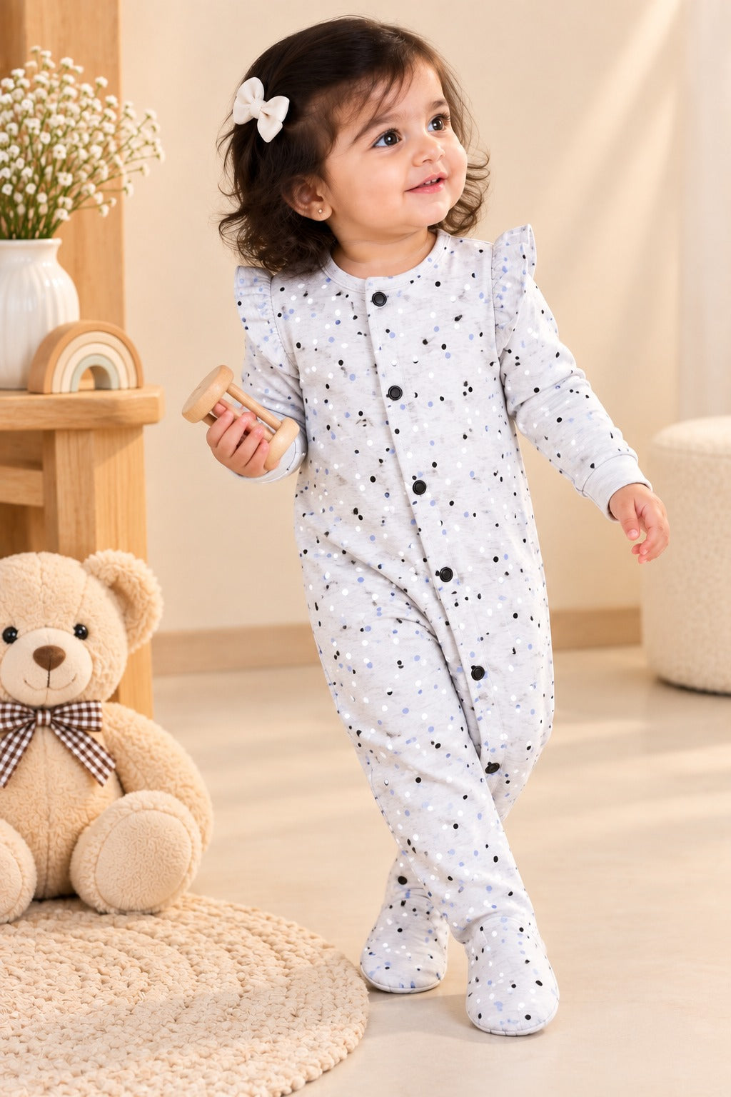 Grey Polka Dots Ridge Knit Fabric Romper