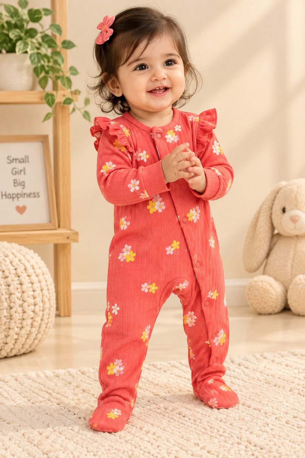 Pink Flowers Ridge Knit Fabric Romper