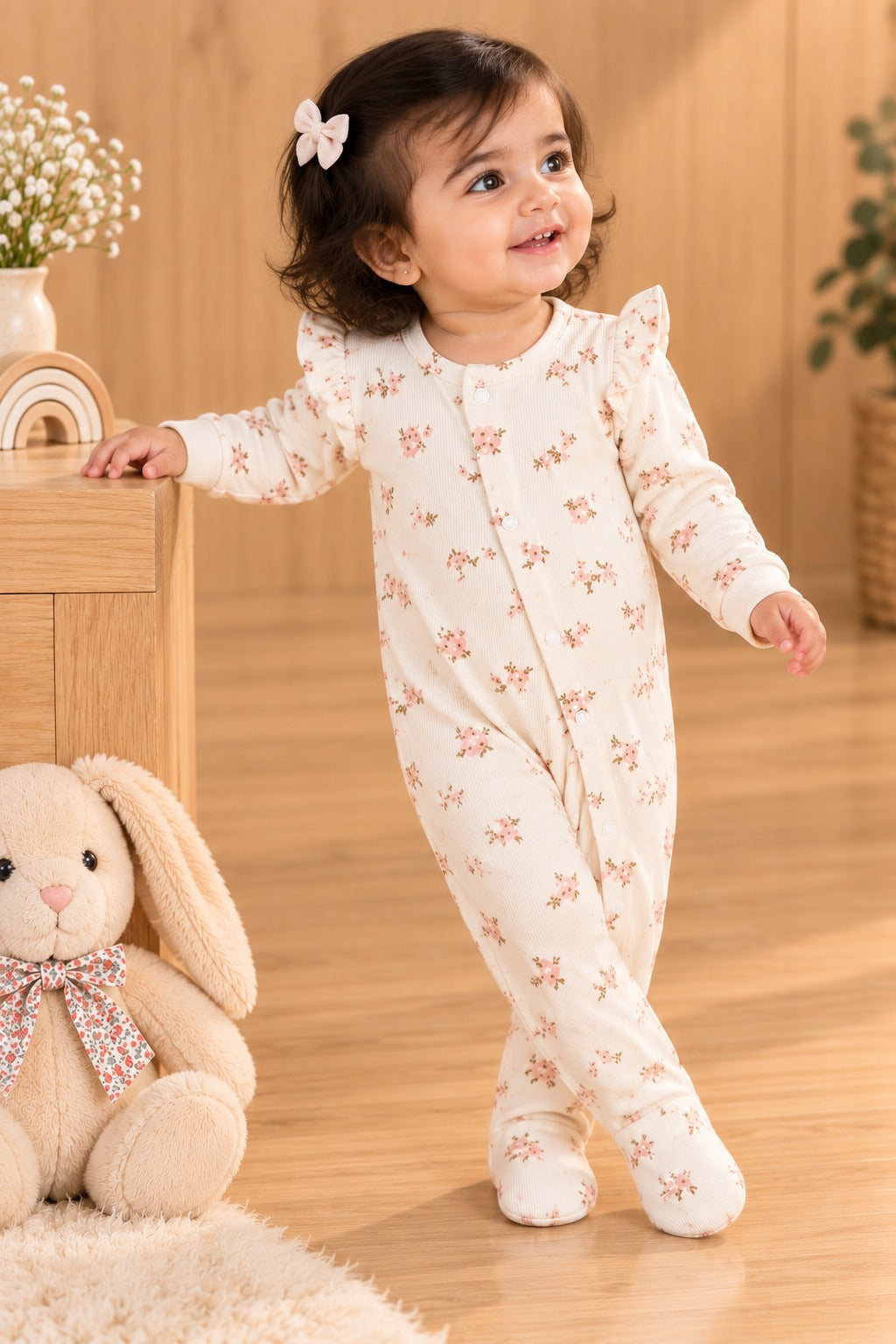 Cream Flowers Ridge Knit Fabric Romper