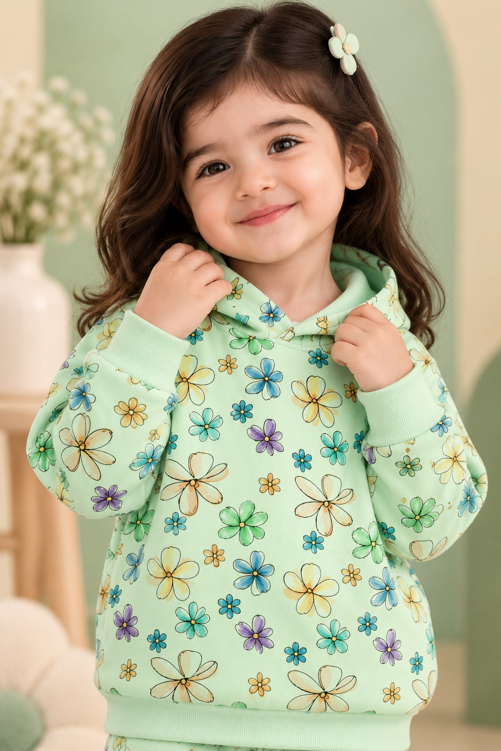 Green Flowers Polar Touch Fabric Hoodie