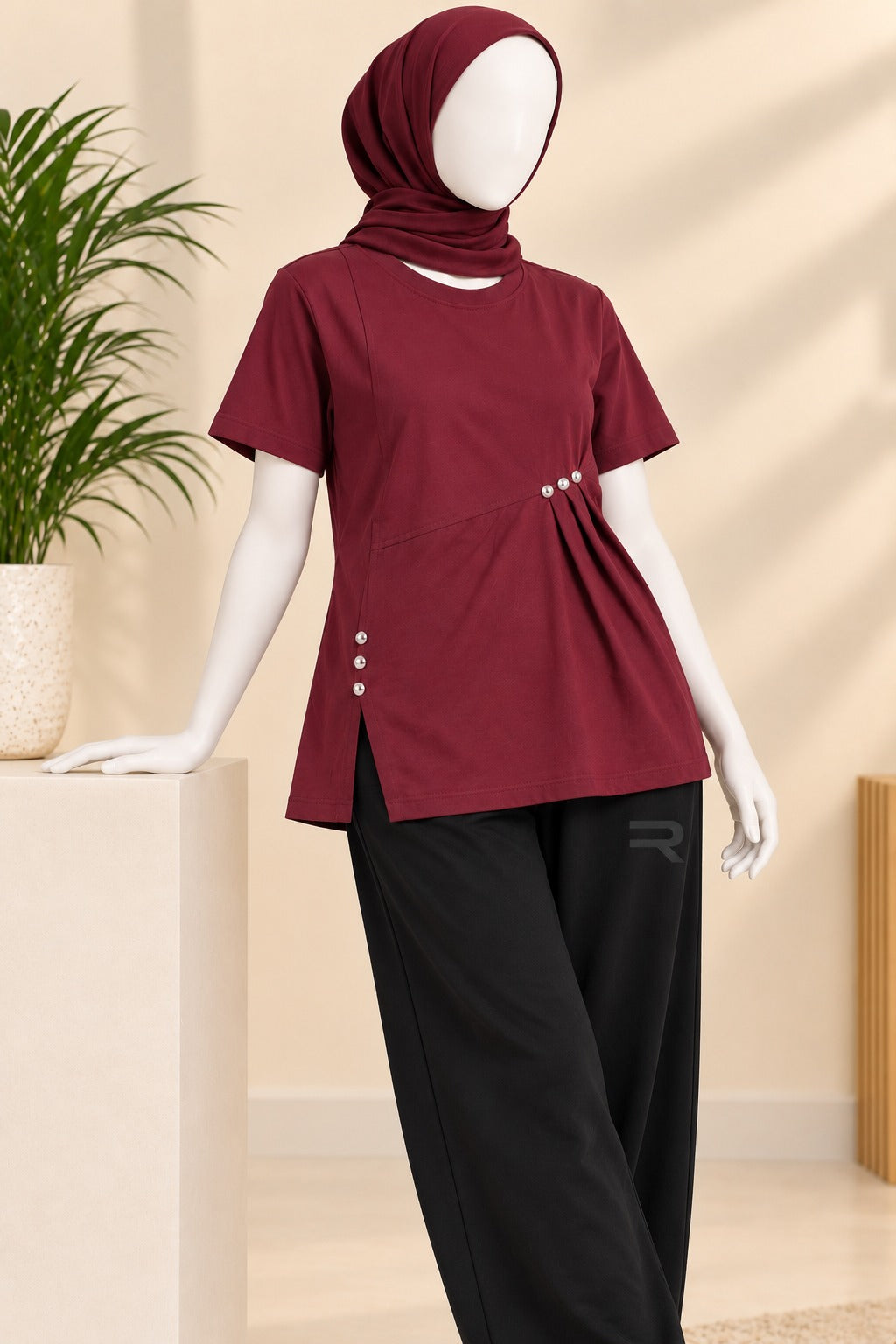Maroon Buttons Flexora Fabric T-Shirt