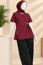 Maroon Buttons Flexora Fabric T-Shirt