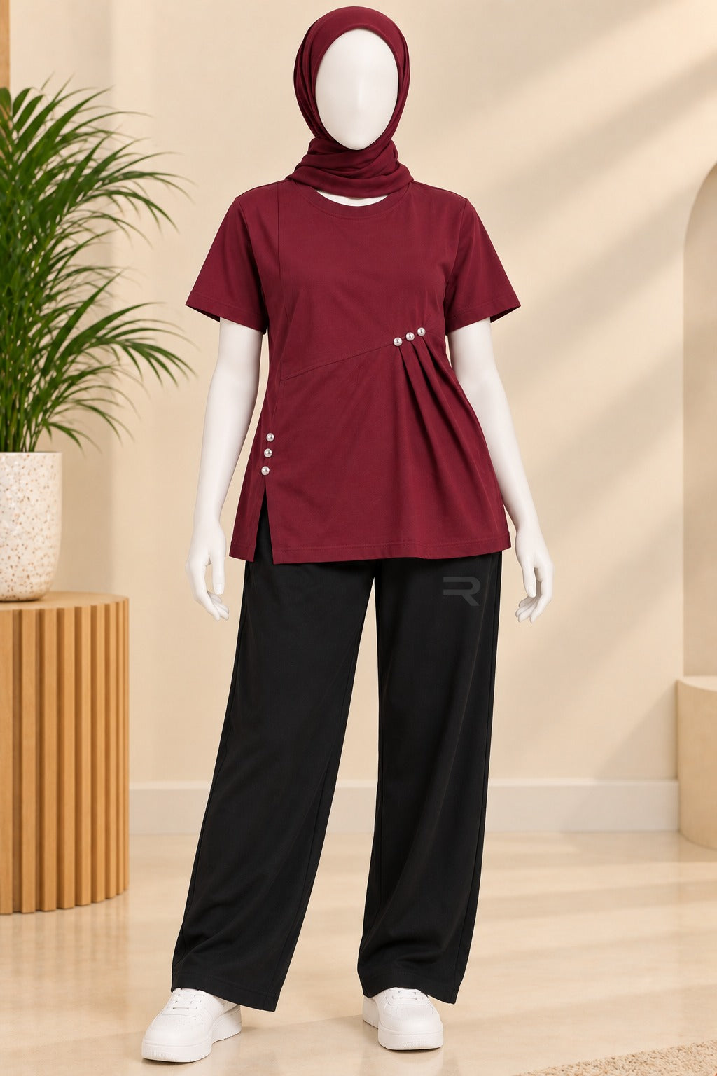 Maroon Buttons Flexora Fabric T-Shirt