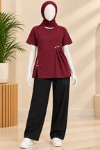 Maroon Buttons Flexora Fabric T-Shirt