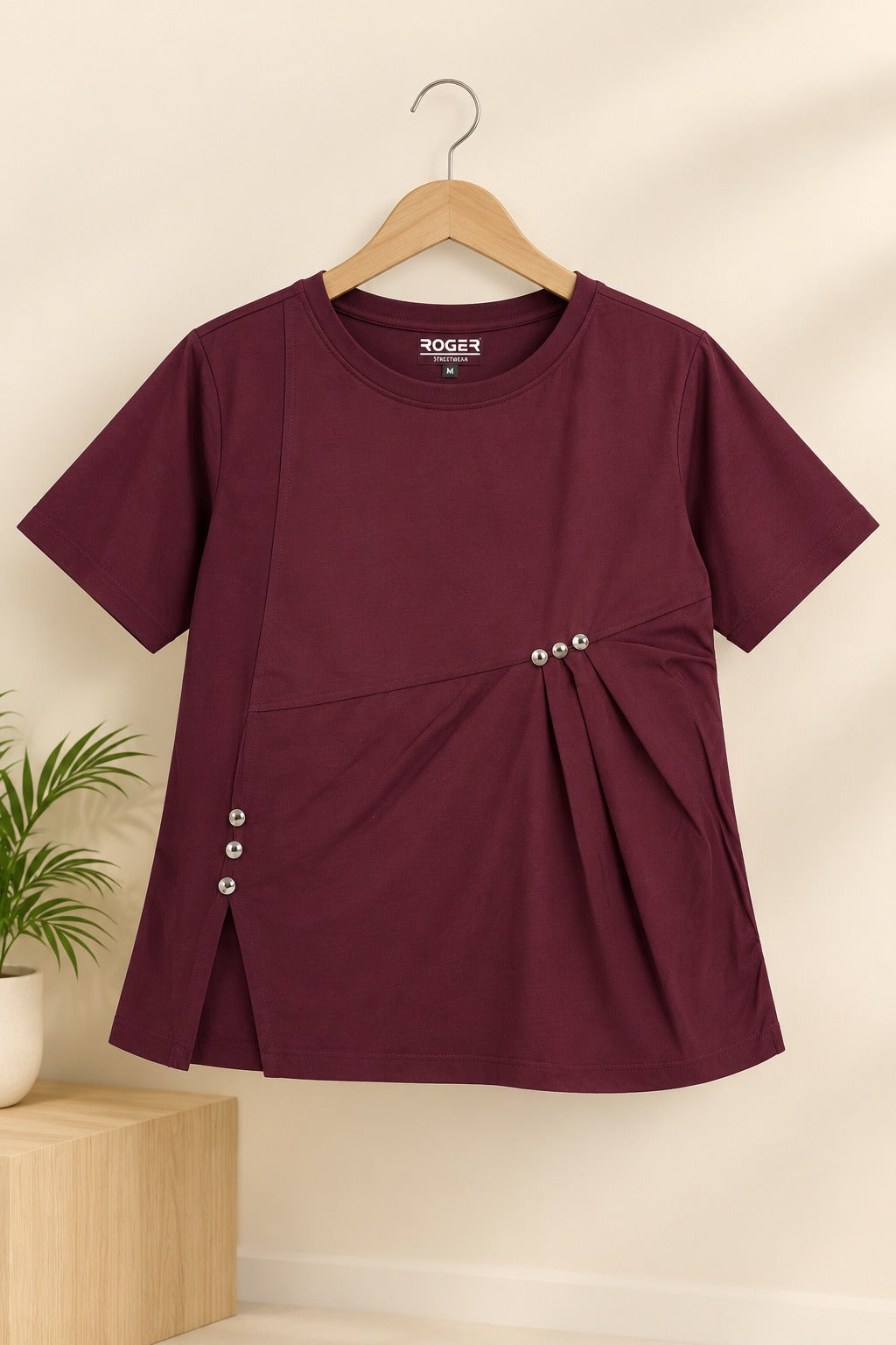 Maroon Buttons Flexora Fabric T-Shirt