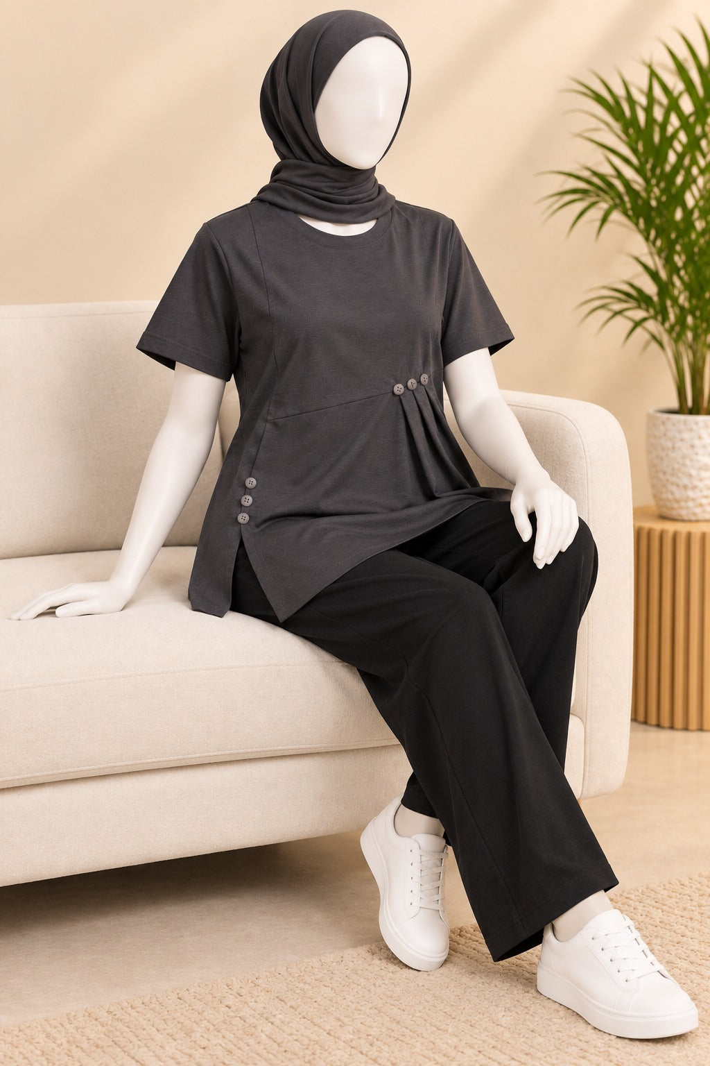 Charcoal Buttons Flexora Fabric T-Shirt