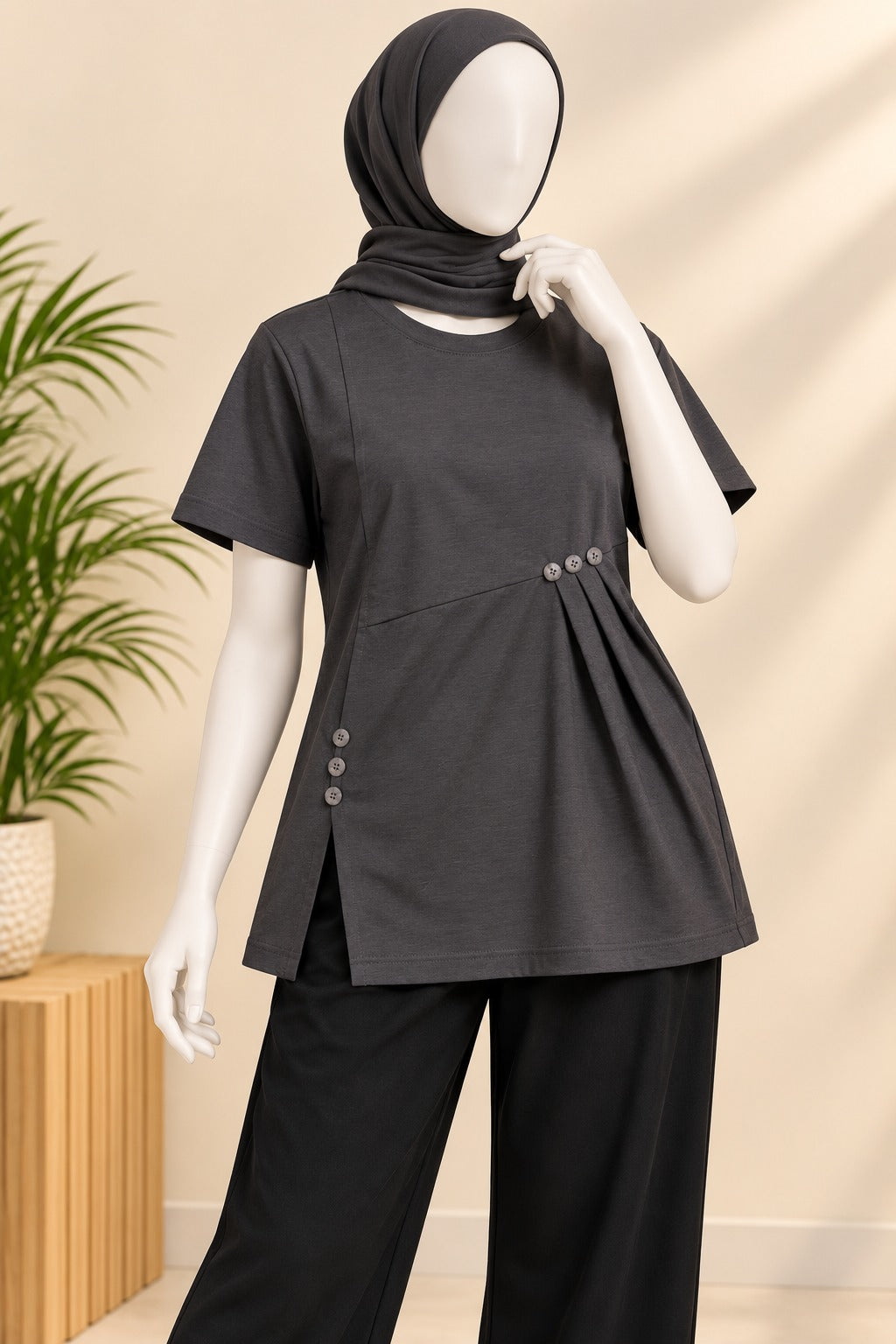 Charcoal Buttons Flexora Fabric T-Shirt