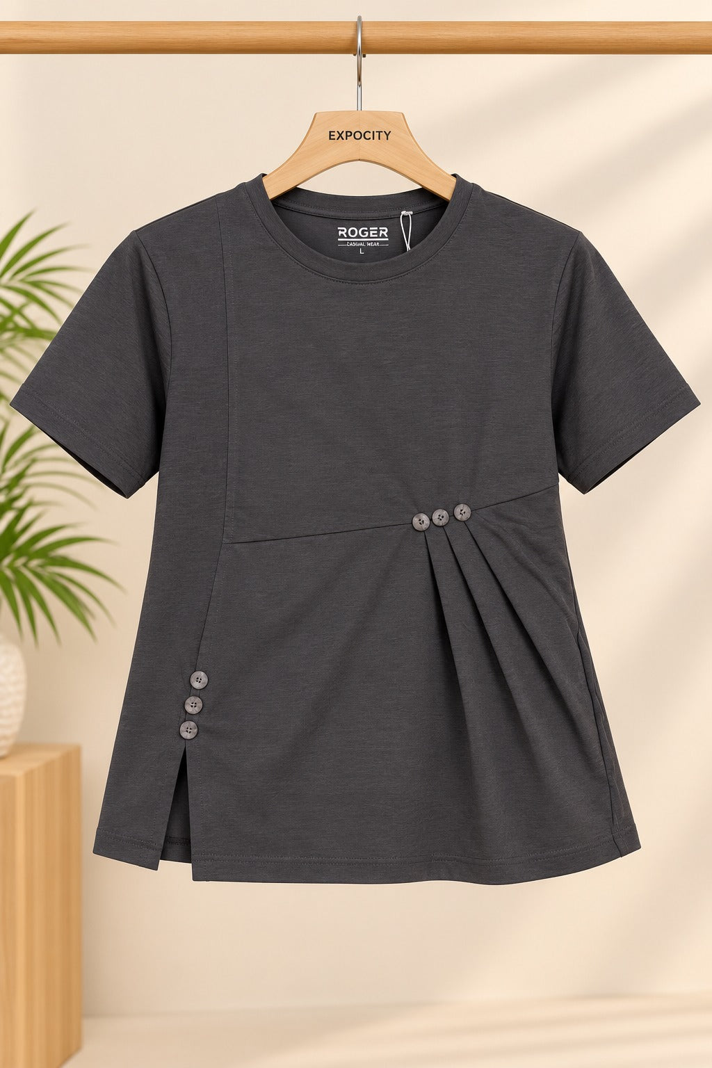 Charcoal Buttons Flexora Fabric T-Shirt