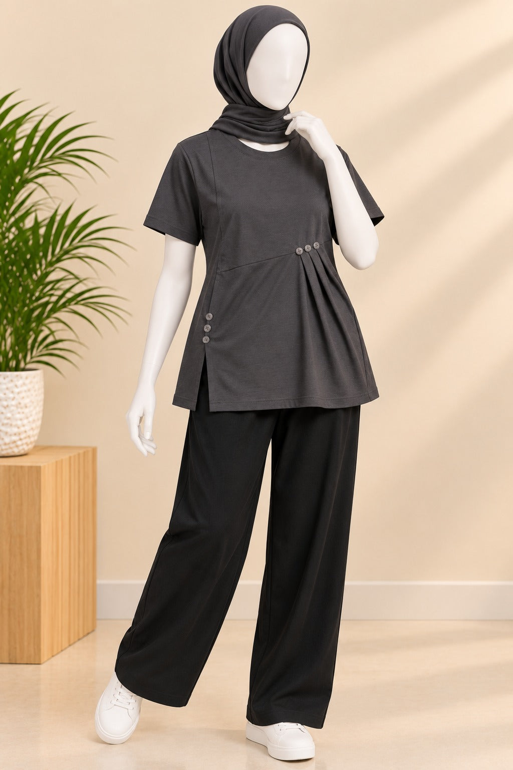 Charcoal Buttons Flexora Fabric T-Shirt
