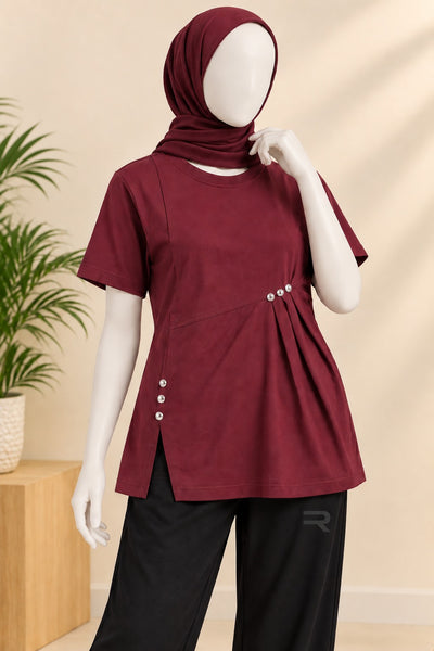 Maroon Buttons Flexora Fabric T-Shirt