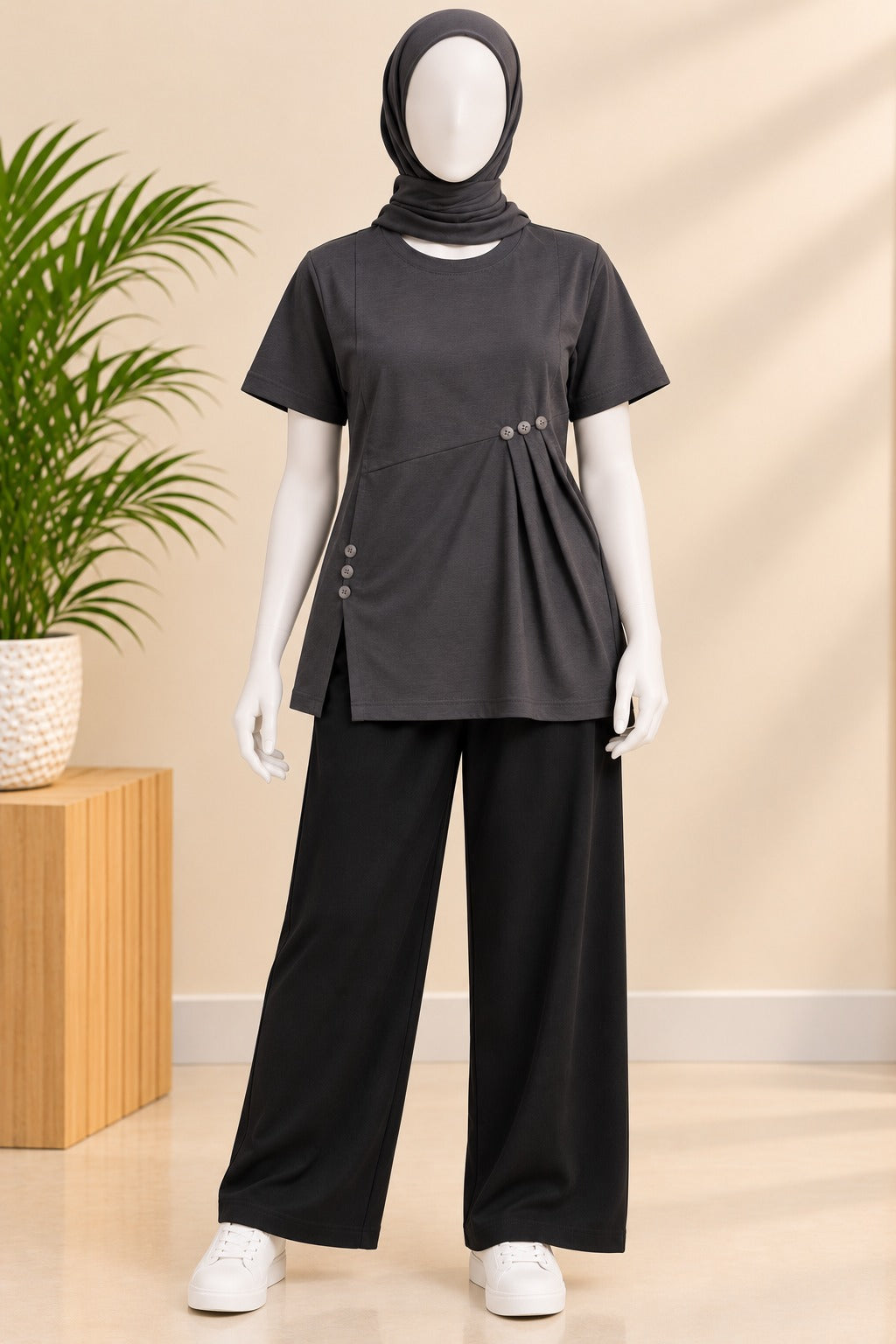 Charcoal Buttons Flexora Fabric T-Shirt