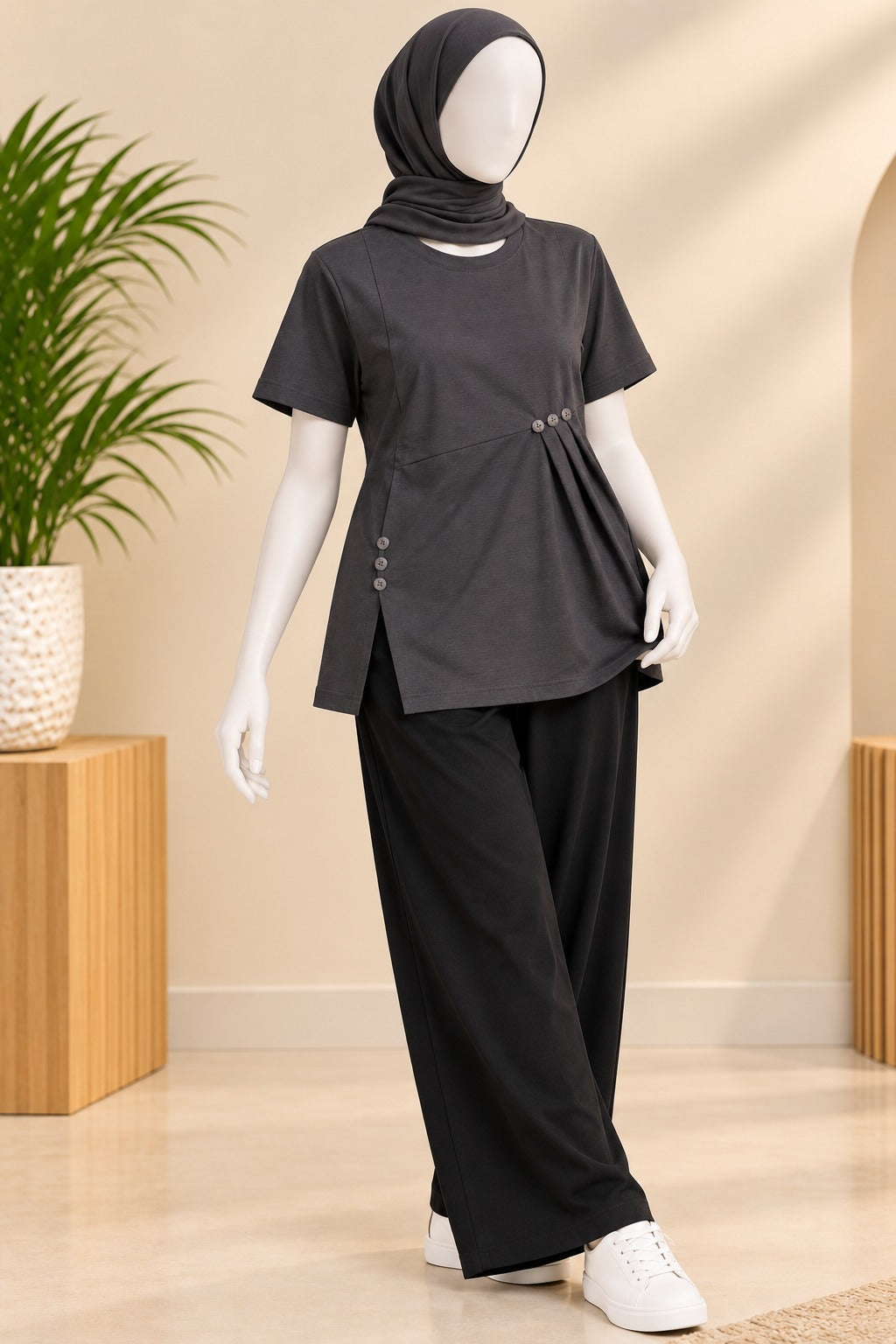 Charcoal Buttons Flexora Fabric T-Shirt