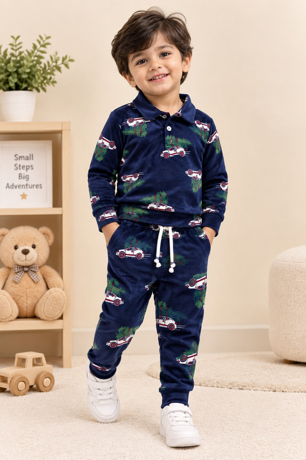 Navy Cars Collar Cozy Luxe Fabric Suit