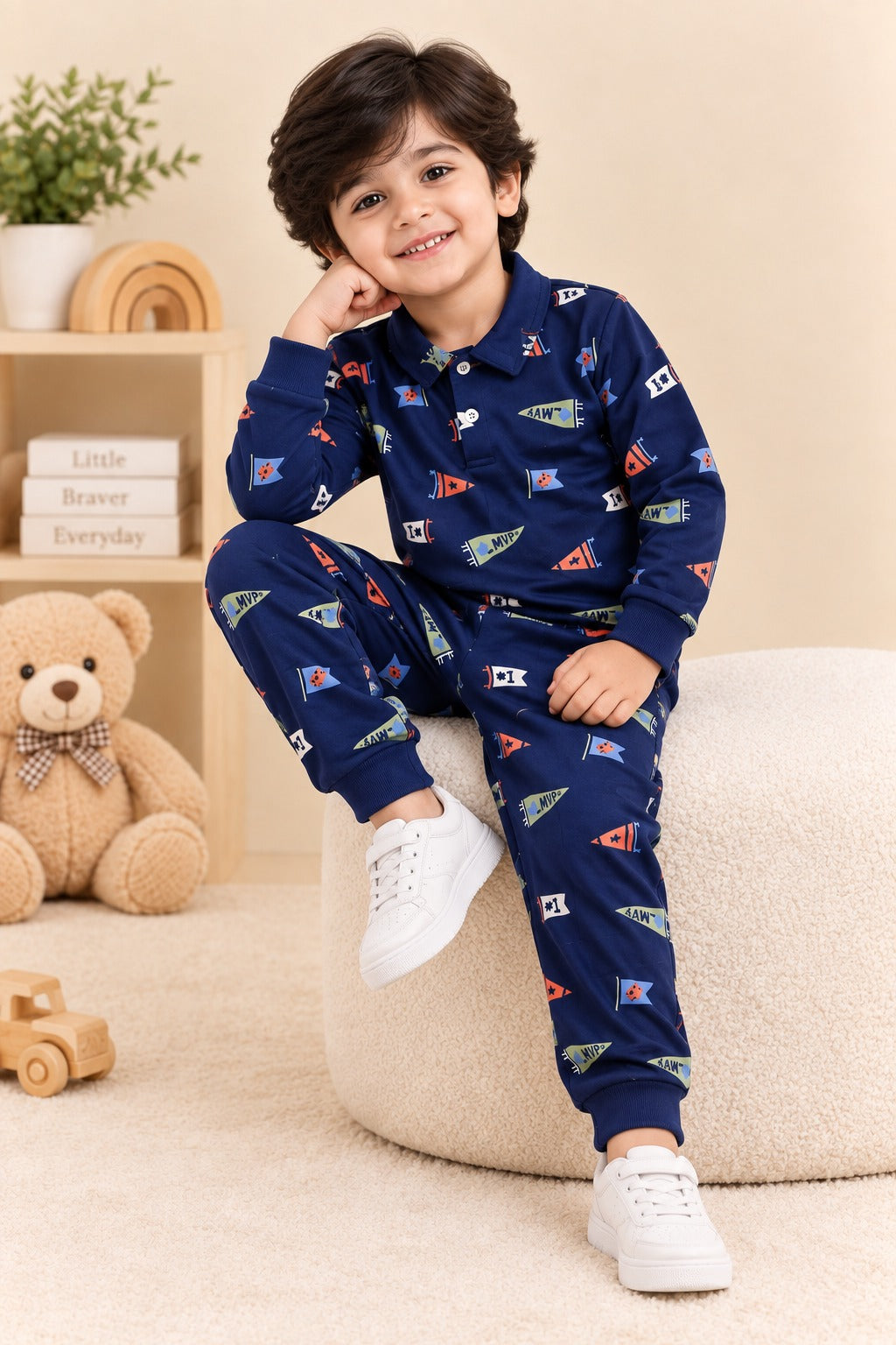 Navy Flags Collar Cozy Luxe Fabric Suit