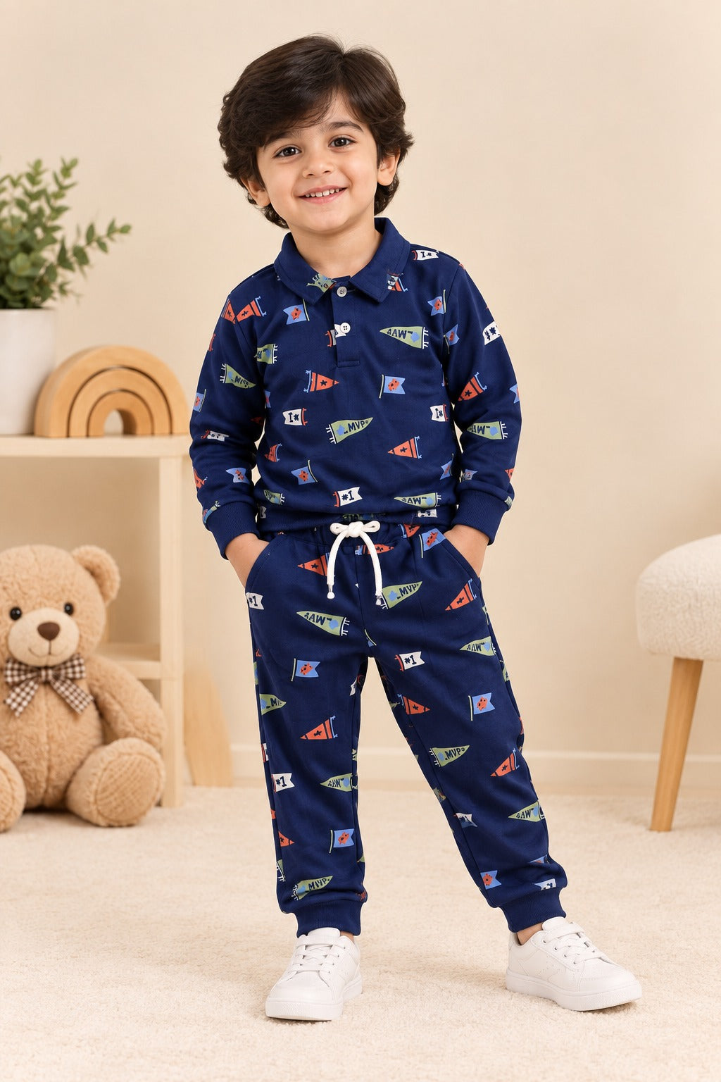 Navy Flags Collar Cozy Luxe Fabric Suit