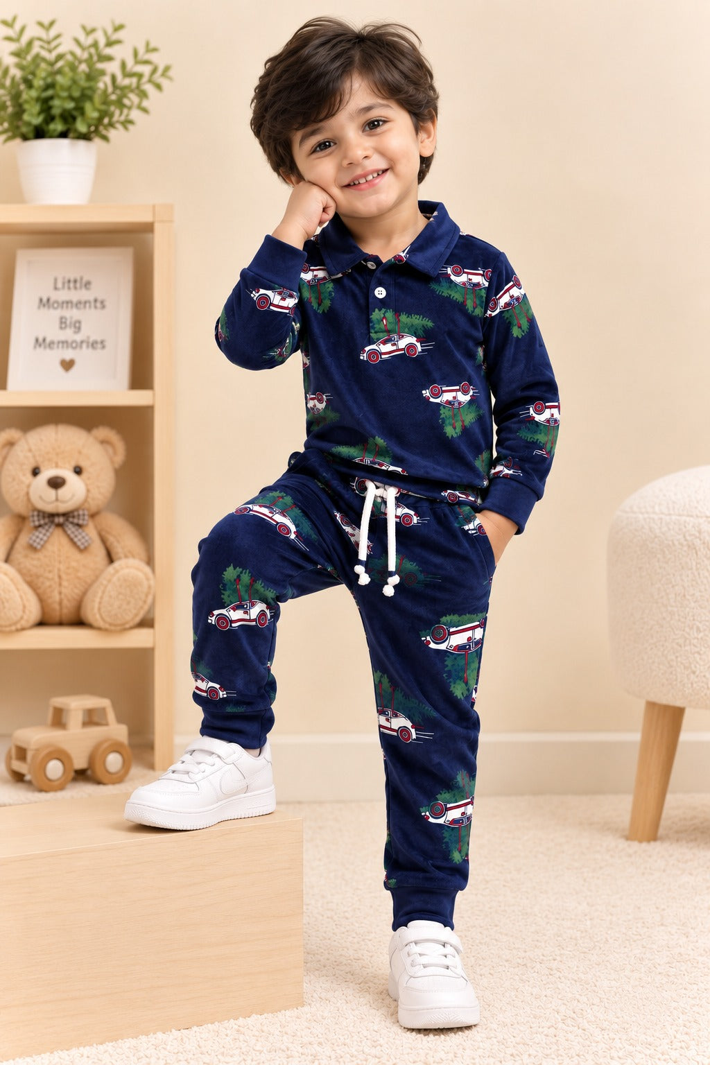 Navy Cars Collar Cozy Luxe Fabric Suit