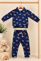 Navy Cars Collar Cozy Luxe Fabric Suit