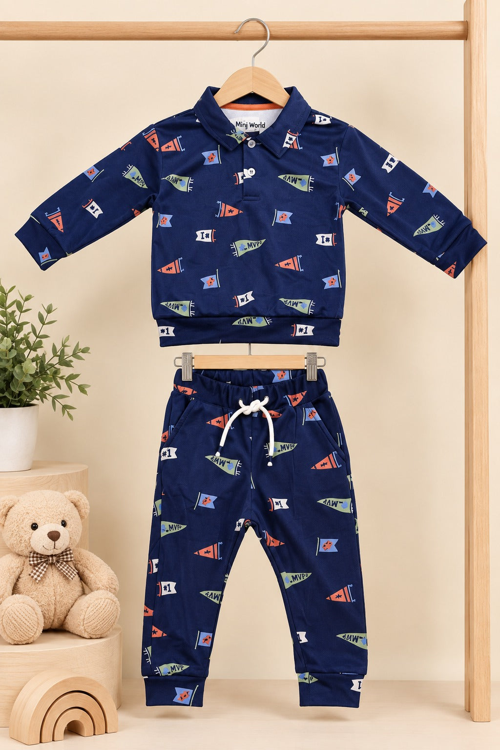 Navy Flags Collar Cozy Luxe Fabric Suit