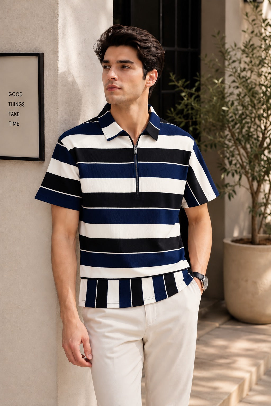Blue Striper Zipper Relax Fit Tees Main image
