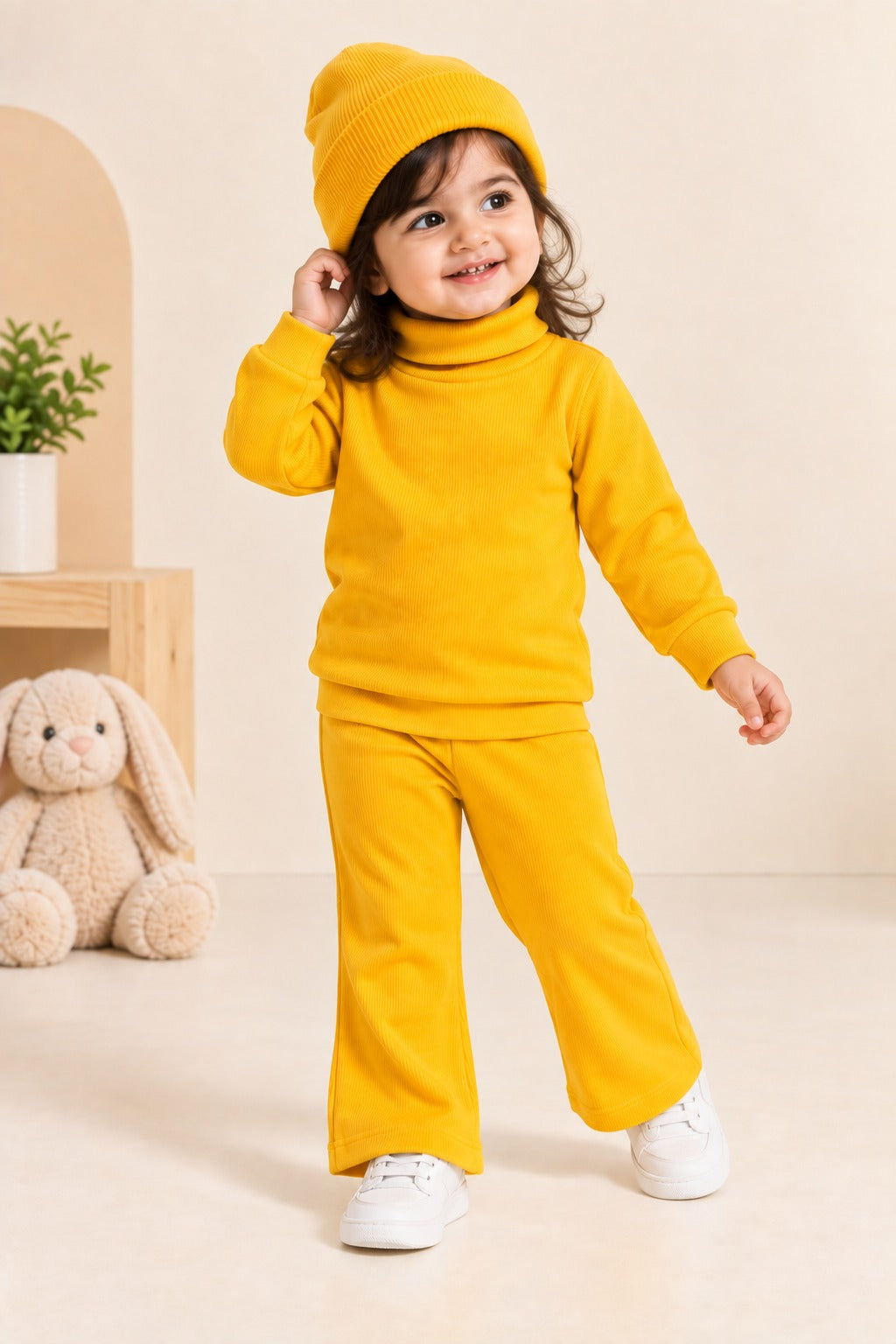 Mustard Plain Velora Rib Fabric Suit