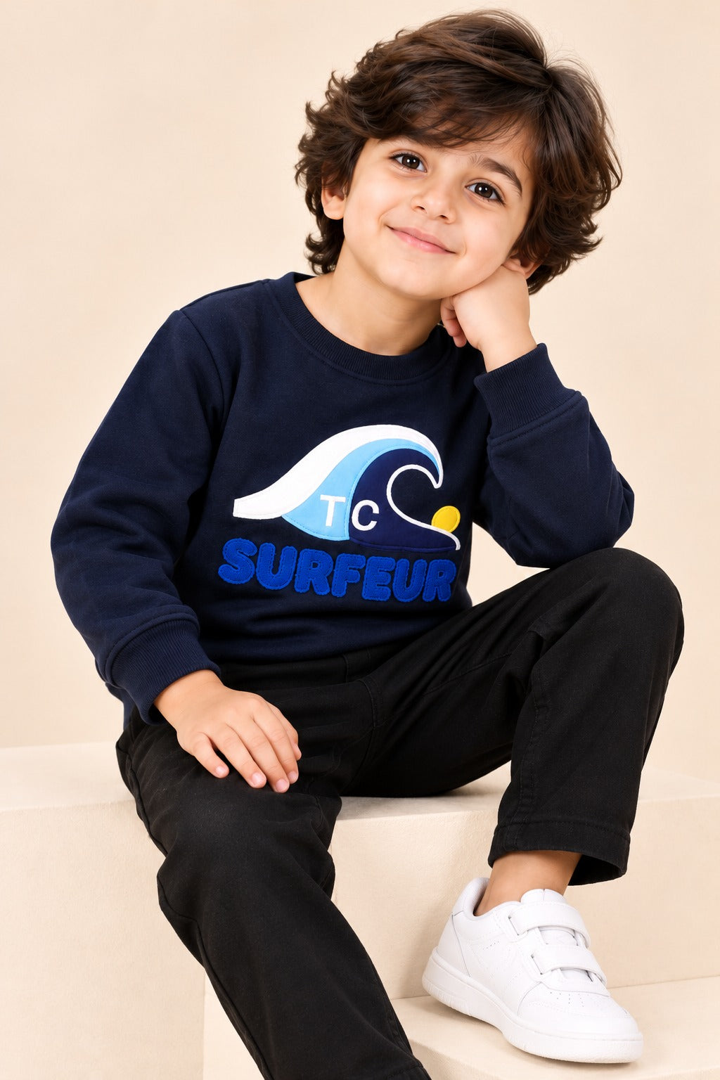 Navy Wave Weave Fabric Sweatshirt