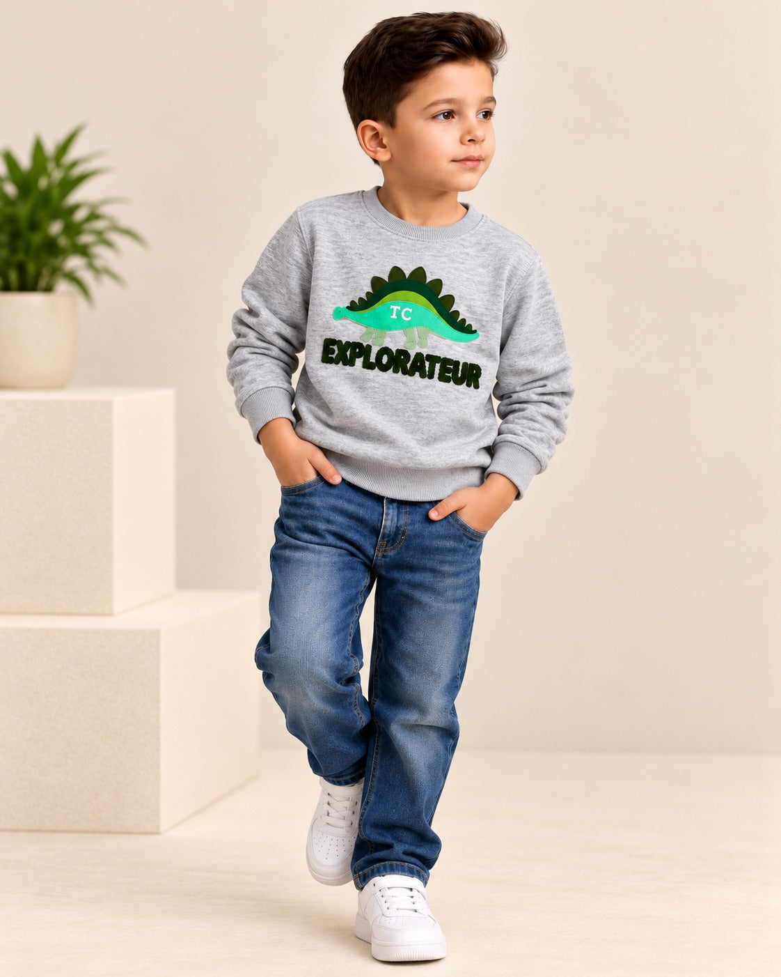 Grey Dino Cloud Weave Fabric Sweatshirt