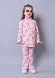 PINK HIGH NECK & FRIL TROUSER "HEARTS" PRINTED RIBBED FABRIC WINTER SUIT