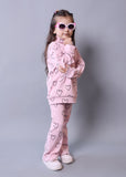 PINK HIGH NECK & FRIL TROUSER "HEARTS" PRINTED RIBBED FABRIC WINTER SUIT