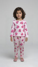 Load image into Gallery viewer, PEACH WITH HEARTS PRINT DROP NIDDLE RIBBED FABRIC SUIT FOR GIRLS MID SEASON
