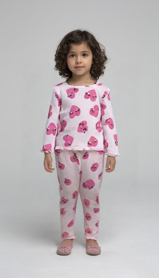PEACH WITH HEARTS PRINT DROP NIDDLE RIBBED FABRIC SUIT FOR GIRLS MID SEASON