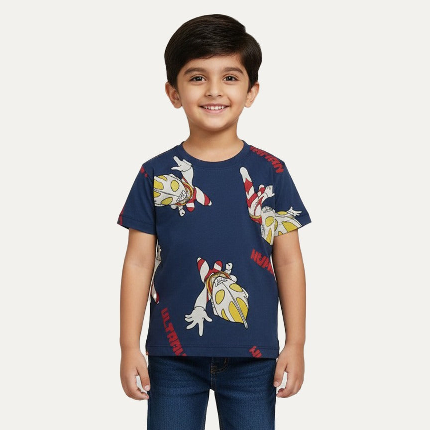 Blue Ultraman Printed Half Sleeves T-Shirt For Boys